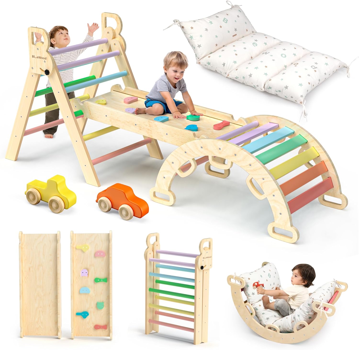 Pikler Triangle Set with Cushion - Climbing Toys for Toddlers 9-in-1, Montessori Philosophy Play Jungle Gym with Arch, Ramp, Ladder (Rainbow)