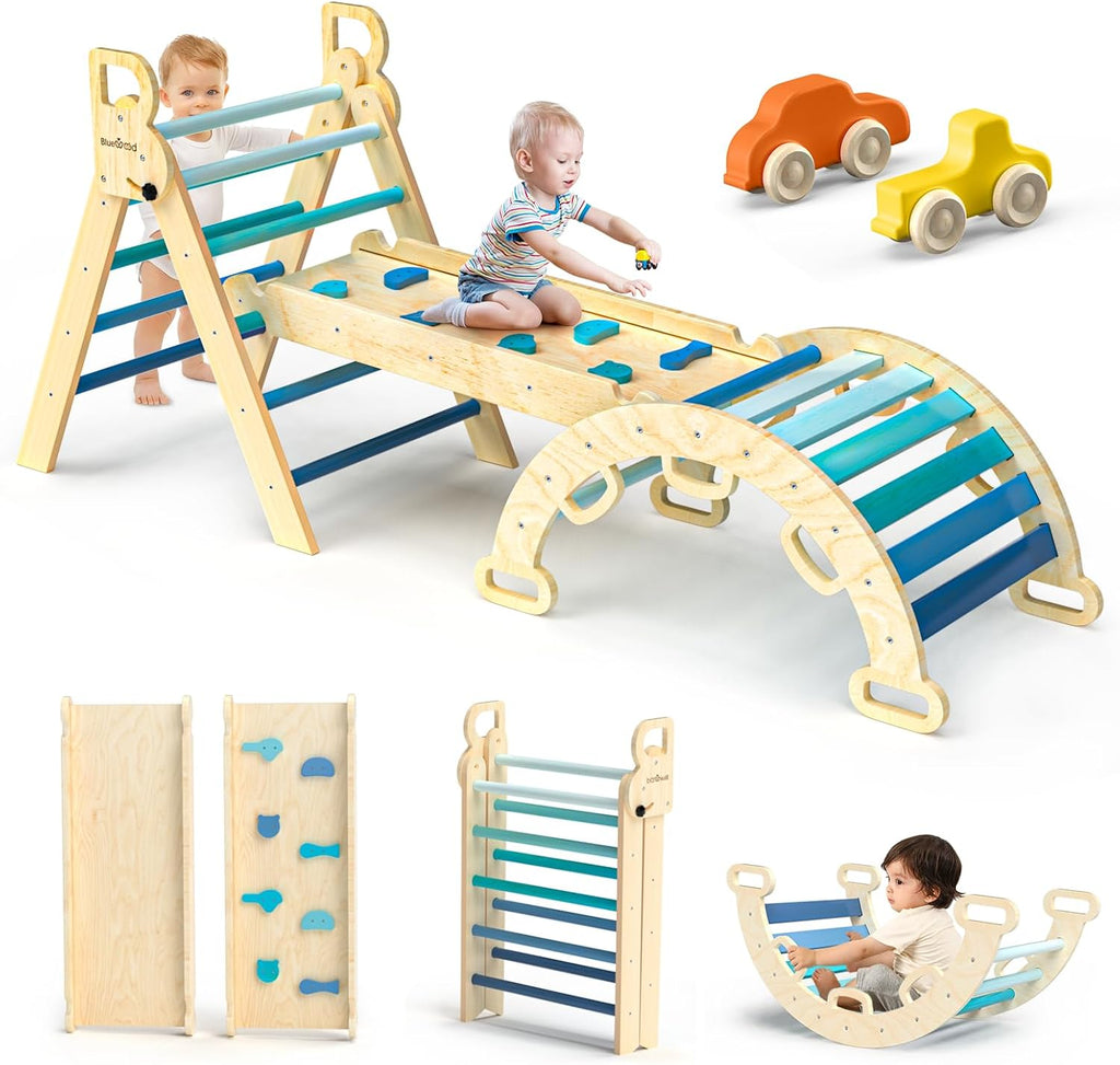 Pikler Triangle Set 7in1 Foldable Baby Climbing Toys Wooden Montessori Climbing Set with Arch&Ramp&Ladder Baby Climber Indoor Jungle Gyms for Toddlers Montessori Toys - Sky Blue