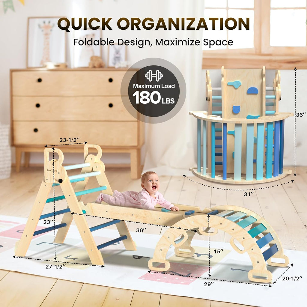 Pikler Triangle Set 7in1 Foldable Baby Climbing Toys Wooden Montessori Climbing Set with Arch&Ramp&Ladder Baby Climber Indoor Jungle Gyms for Toddlers Montessori Toys - Sky Blue