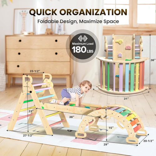 Pikler Triangle Set 7in1 Foldable Baby Climbing Toys Wooden Montessori Climbing Set with Arch&Ramp&Ladder Baby Climber Indoor Jungle Gyms for Toddlers Montessori Toys - Rainbow