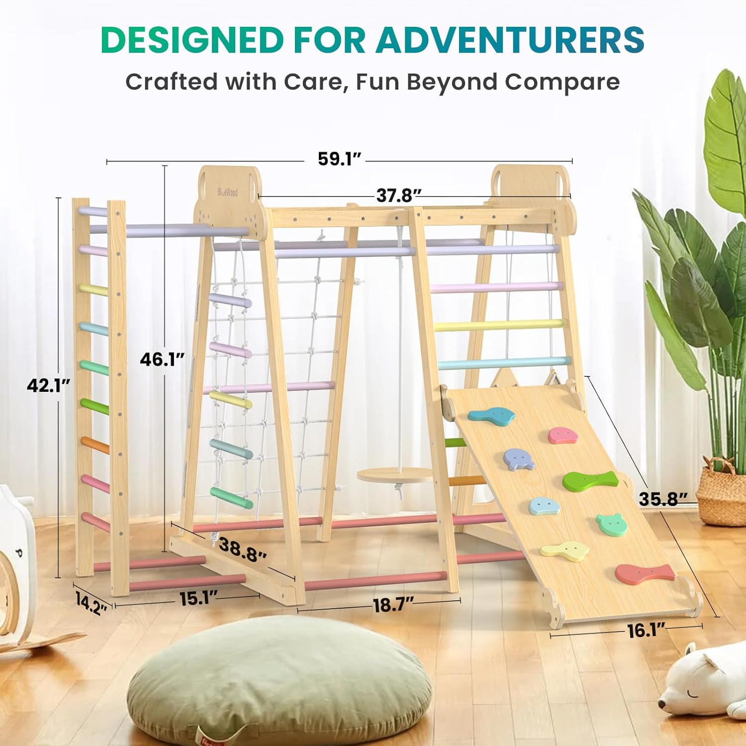 Upgraded Indoor Playground 9-in-1 Jungle Gym Kids Climbing Toys, Montessori Philosophy Waldorf Style Wooden Climber Playset with Slide, Swing, Monkey Bars, Upright/Rope Ladder, Climb Net, Rainbow