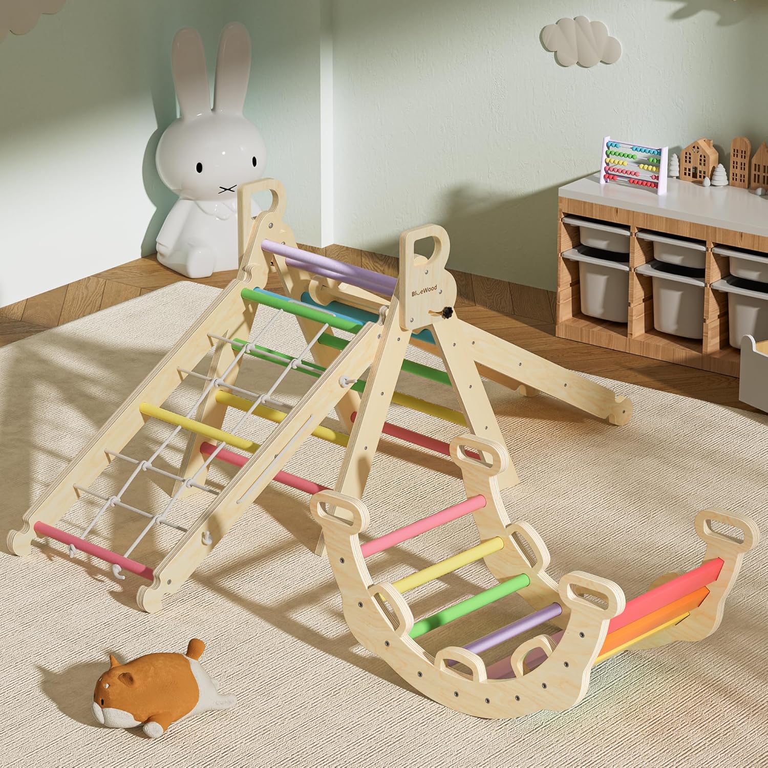 8-in-1 Pikler Triangle Climbing Set Toddler Toys Indoor Baby Jungle Gym Climber Playground for Kids - Rainbow