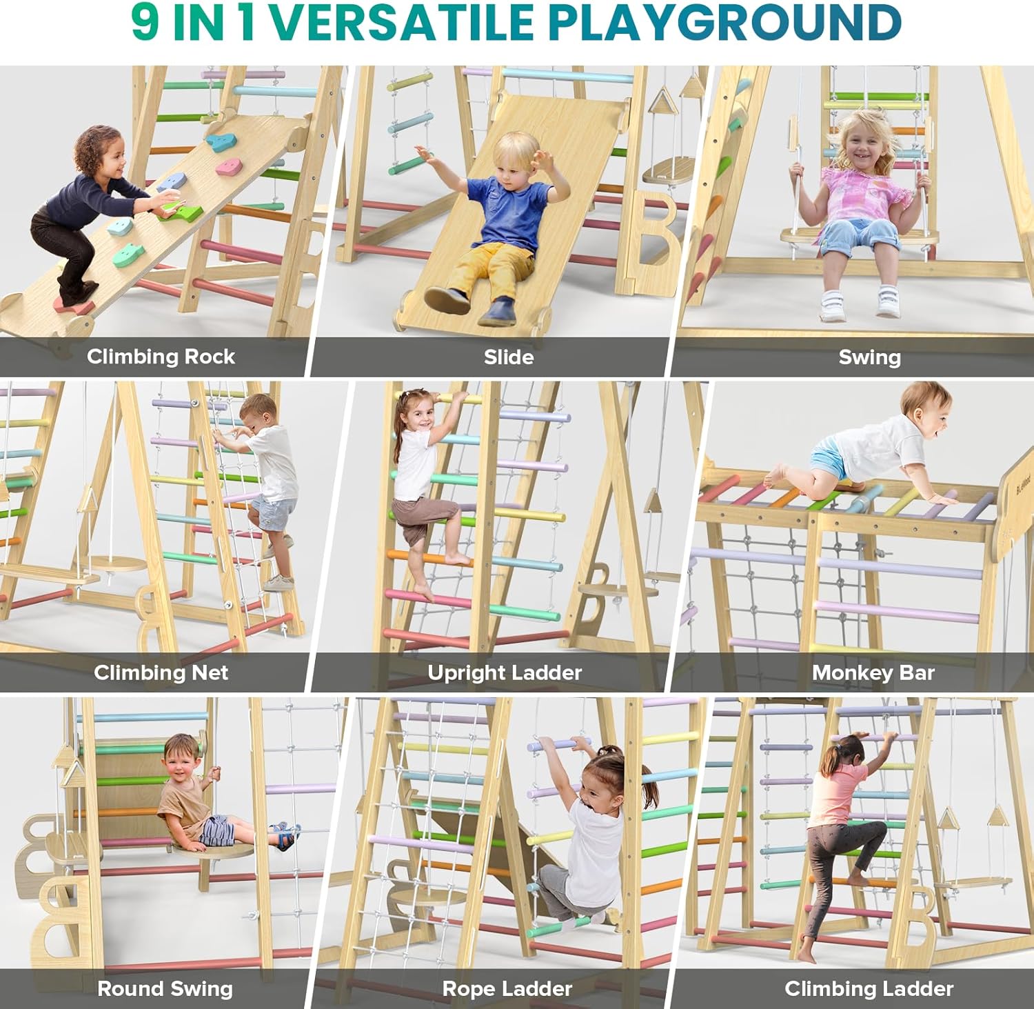 Upgraded Indoor Playground 9-in-1 Jungle Gym Kids Climbing Toys, Montessori Philosophy Waldorf Style Wooden Climber Playset with Slide, Swing, Monkey Bars, Upright/Rope Ladder, Climb Net, Rainbow