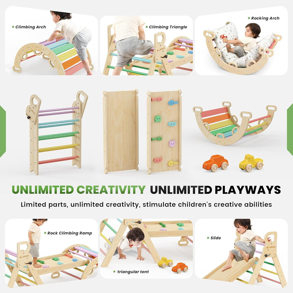 Pikler Triangle Set with Cushion - Climbing Toys for Toddlers 9-in-1, Montessori Philosophy Play Jungle Gym with Arch, Ramp, Ladder (Rainbow)