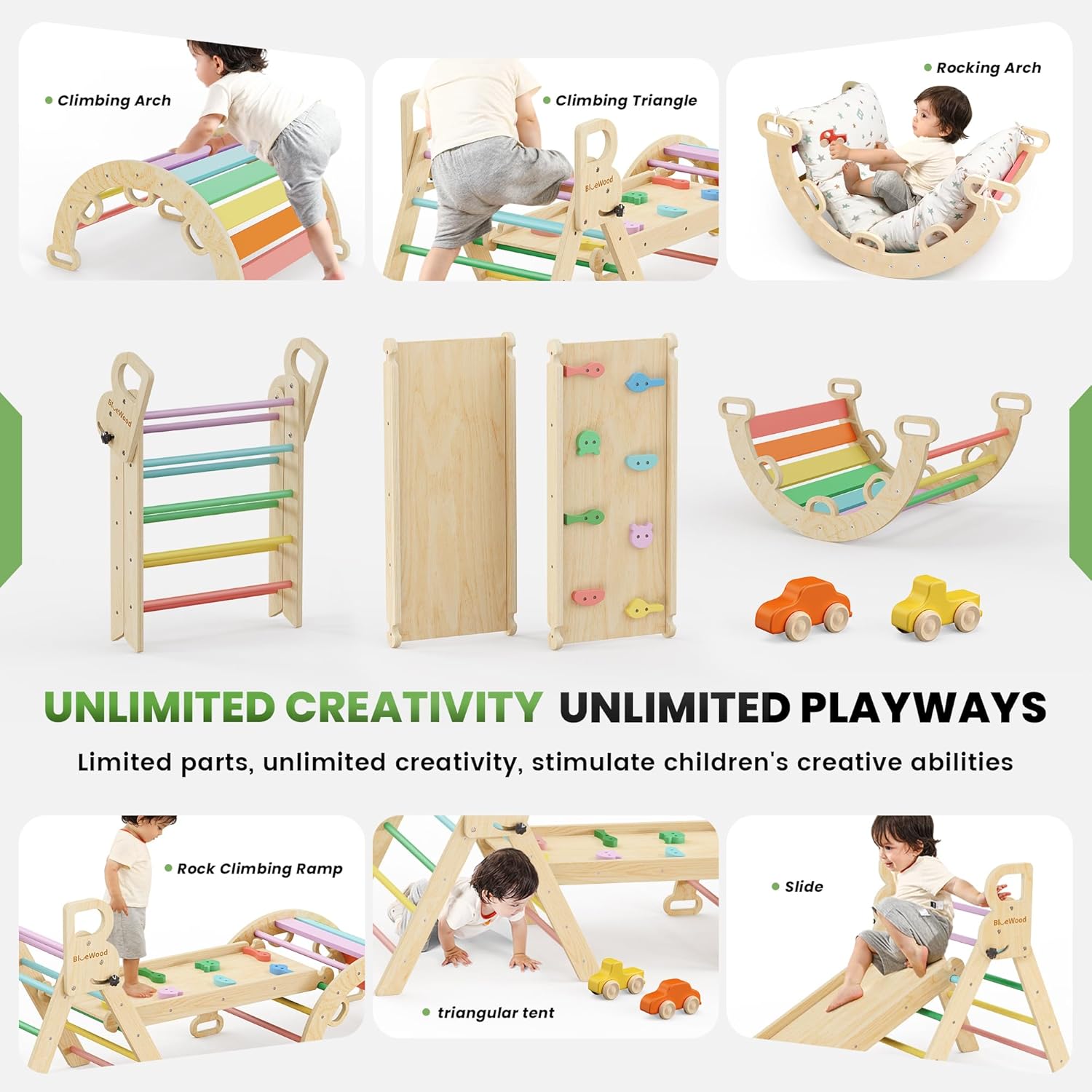 Pikler Triangle Set with Cushion - Climbing Toys for Toddlers 9-in-1, Montessori Philosophy Play Jungle Gym with Arch, Ramp, Ladder (Rainbow)