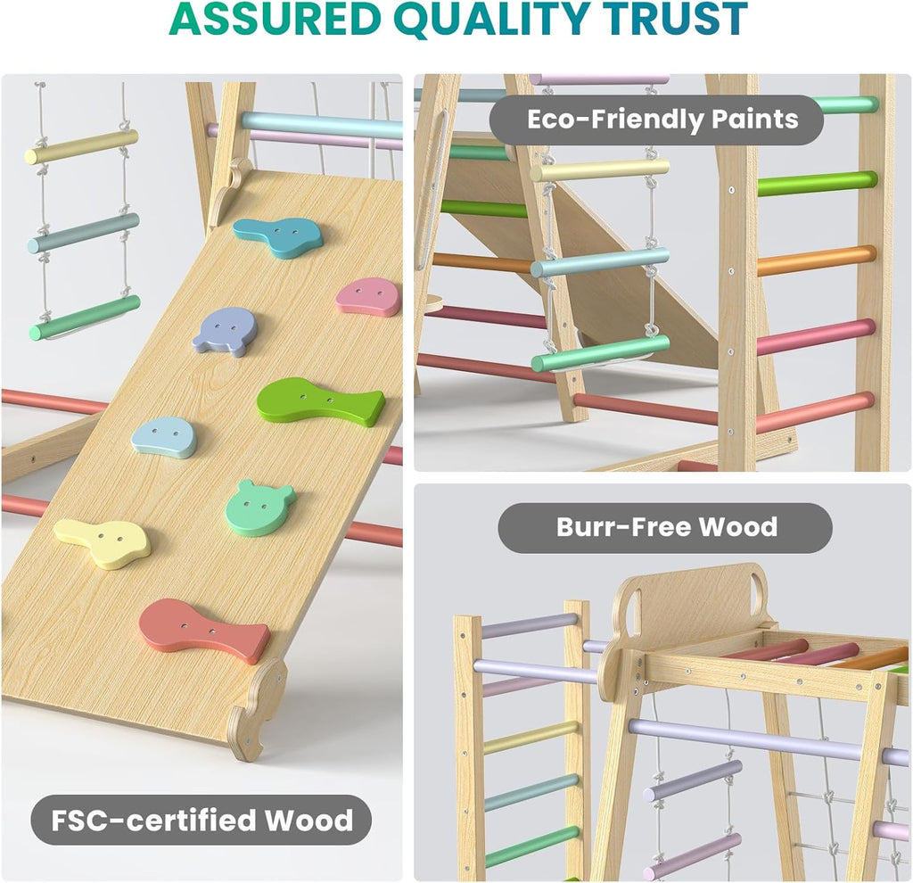 Upgraded Indoor Playground 9-in-1 Jungle Gym Kids Climbing Toys, Montessori Philosophy Waldorf Style Wooden Climber Playset with Slide, Swing, Monkey Bars, Upright/Rope Ladder, Climb Net, Rainbow