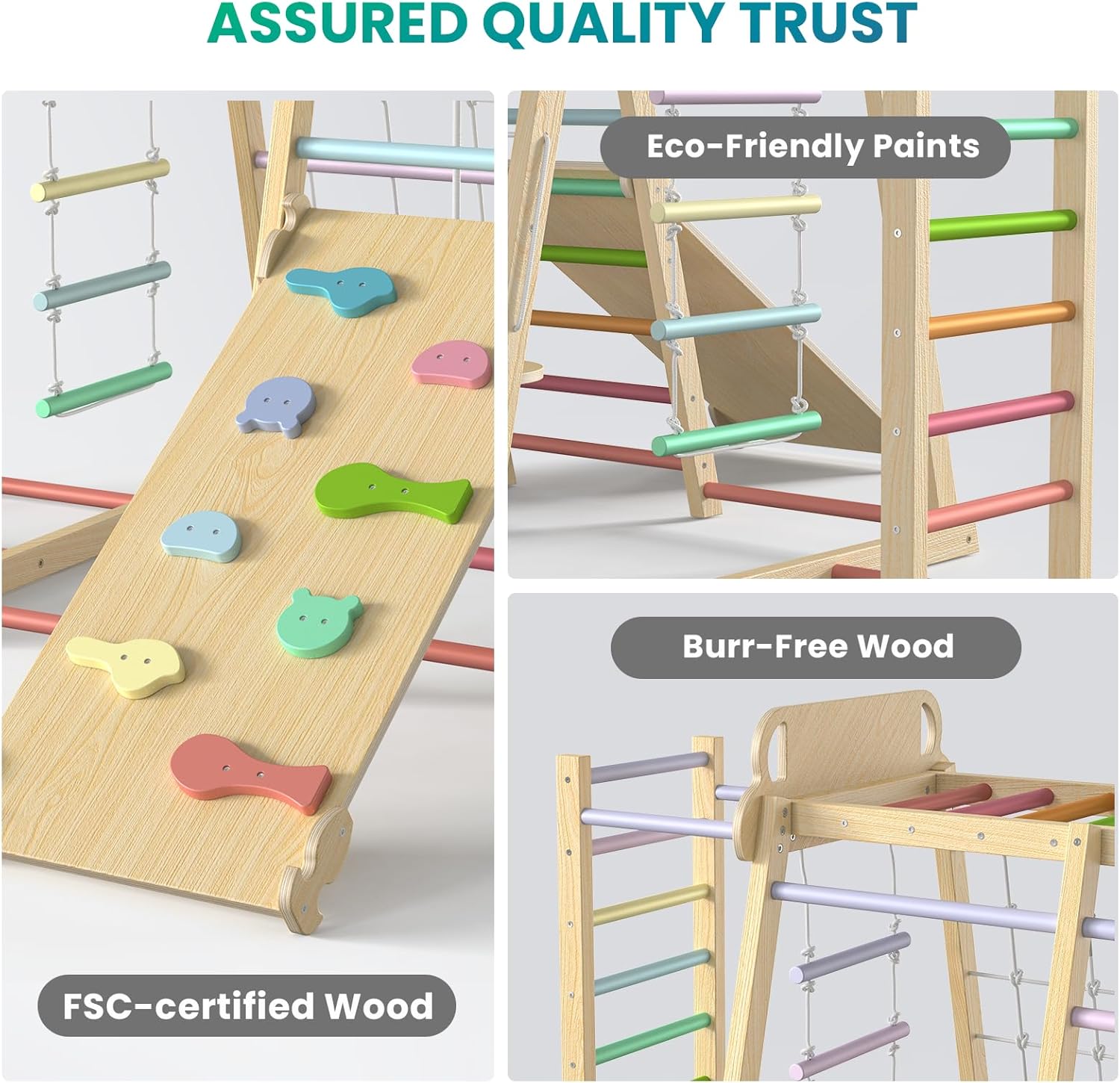 Upgraded Indoor Playground 9-in-1 Jungle Gym Kids Climbing Toys, Montessori Philosophy Waldorf Style Wooden Climber Playset with Slide, Swing, Monkey Bars, Upright/Rope Ladder, Climb Net, Rainbow