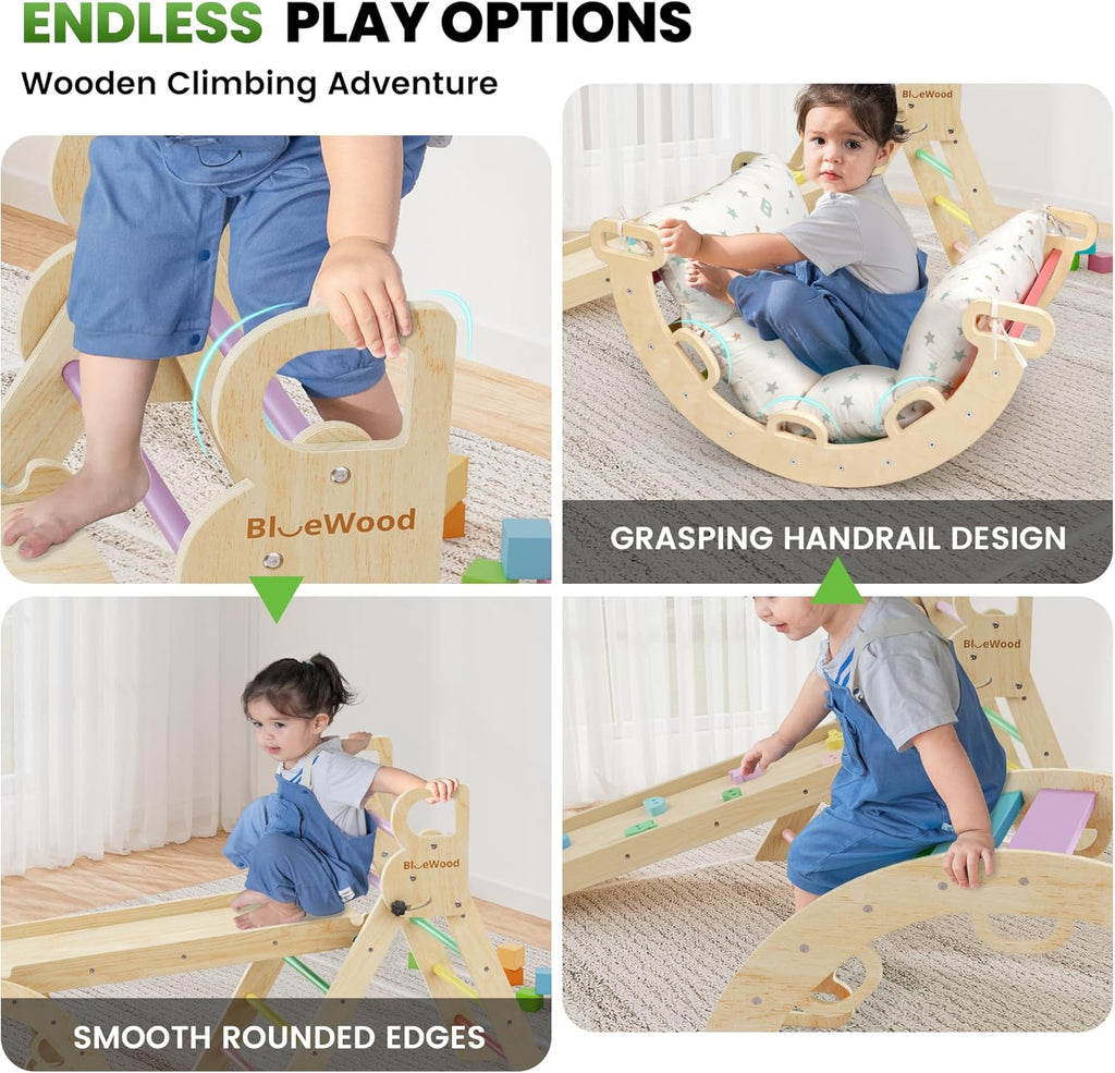 Pikler Triangle Set with Cushion - Climbing Toys for Toddlers 9-in-1, Montessori Philosophy Play Jungle Gym with Arch, Ramp, Ladder (Rainbow)