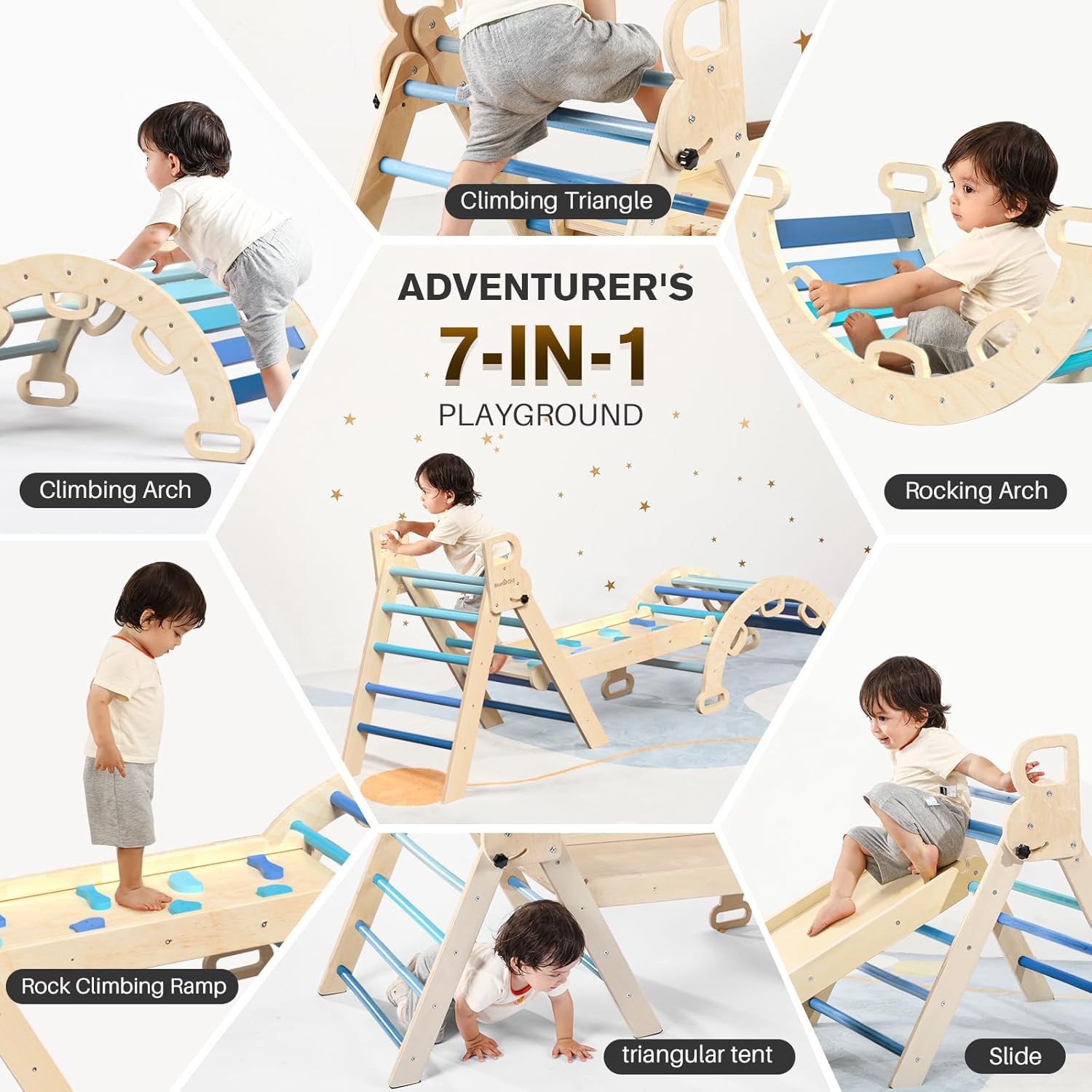 Pikler Triangle Set 7in1 Foldable Baby Climbing Toys Wooden Montessori Climbing Set with Arch&Ramp&Ladder Baby Climber Indoor Jungle Gyms for Toddlers Montessori Toys - Sky Blue