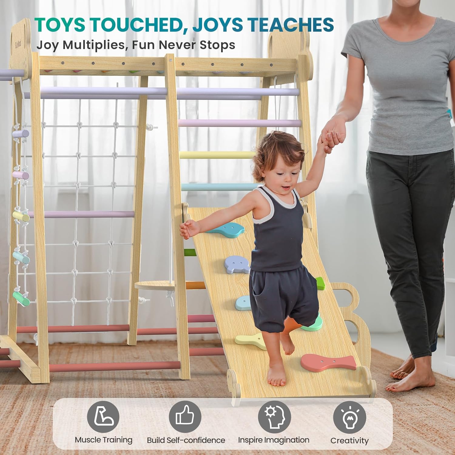 Upgraded Indoor Playground 9-in-1 Jungle Gym Kids Climbing Toys, Montessori Philosophy Waldorf Style Wooden Climber Playset with Slide, Swing, Monkey Bars, Upright/Rope Ladder, Climb Net, Rainbow