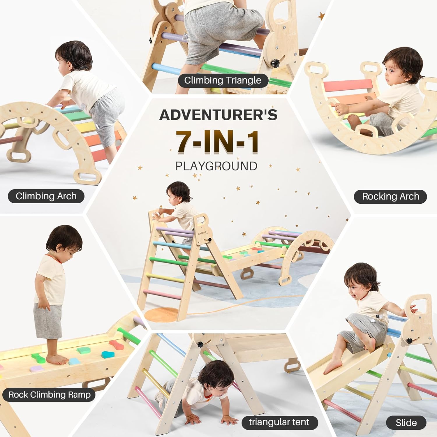 Pikler Triangle Set 7in1 Foldable Baby Climbing Toys Wooden Montessori Climbing Set with Arch&Ramp&Ladder Baby Climber Indoor Jungle Gyms for Toddlers Montessori Toys - Rainbow