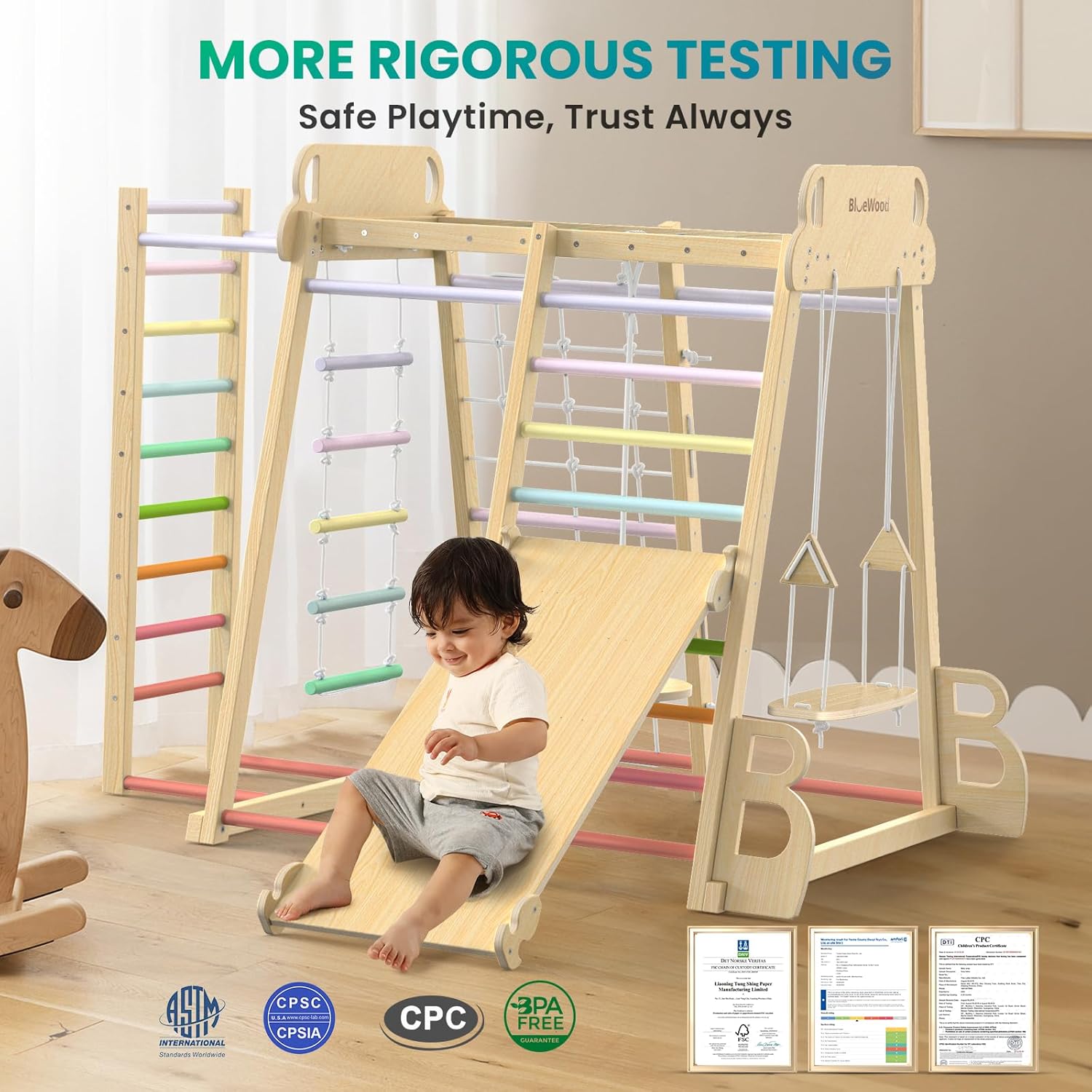 Upgraded Indoor Playground 9-in-1 Jungle Gym Kids Climbing Toys, Montessori Philosophy Waldorf Style Wooden Climber Playset with Slide, Swing, Monkey Bars, Upright/Rope Ladder, Climb Net, Rainbow