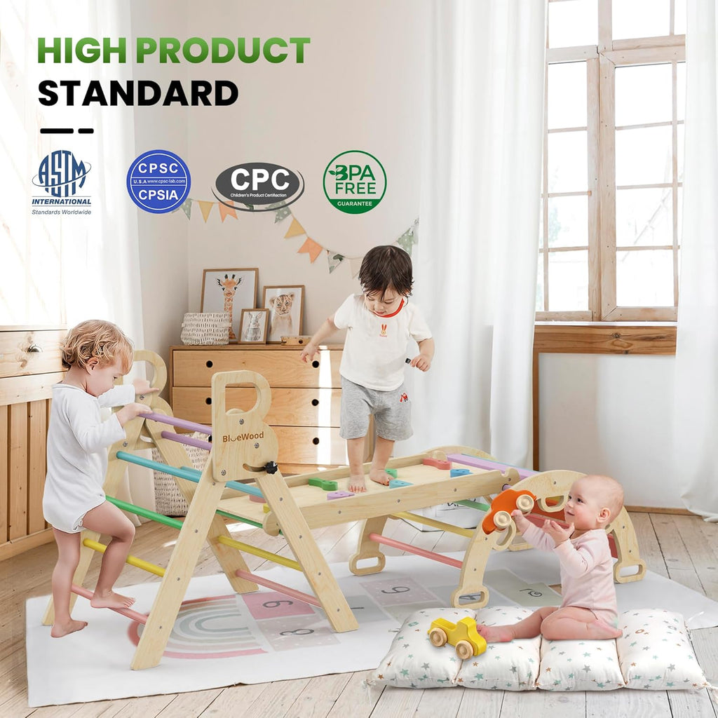 Pikler Triangle Set with Cushion - Climbing Toys for Toddlers 9-in-1, Montessori Philosophy Play Jungle Gym with Arch, Ramp, Ladder (Rainbow)
